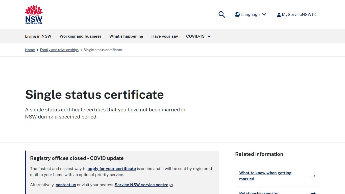 Single status certificate | NSW Government