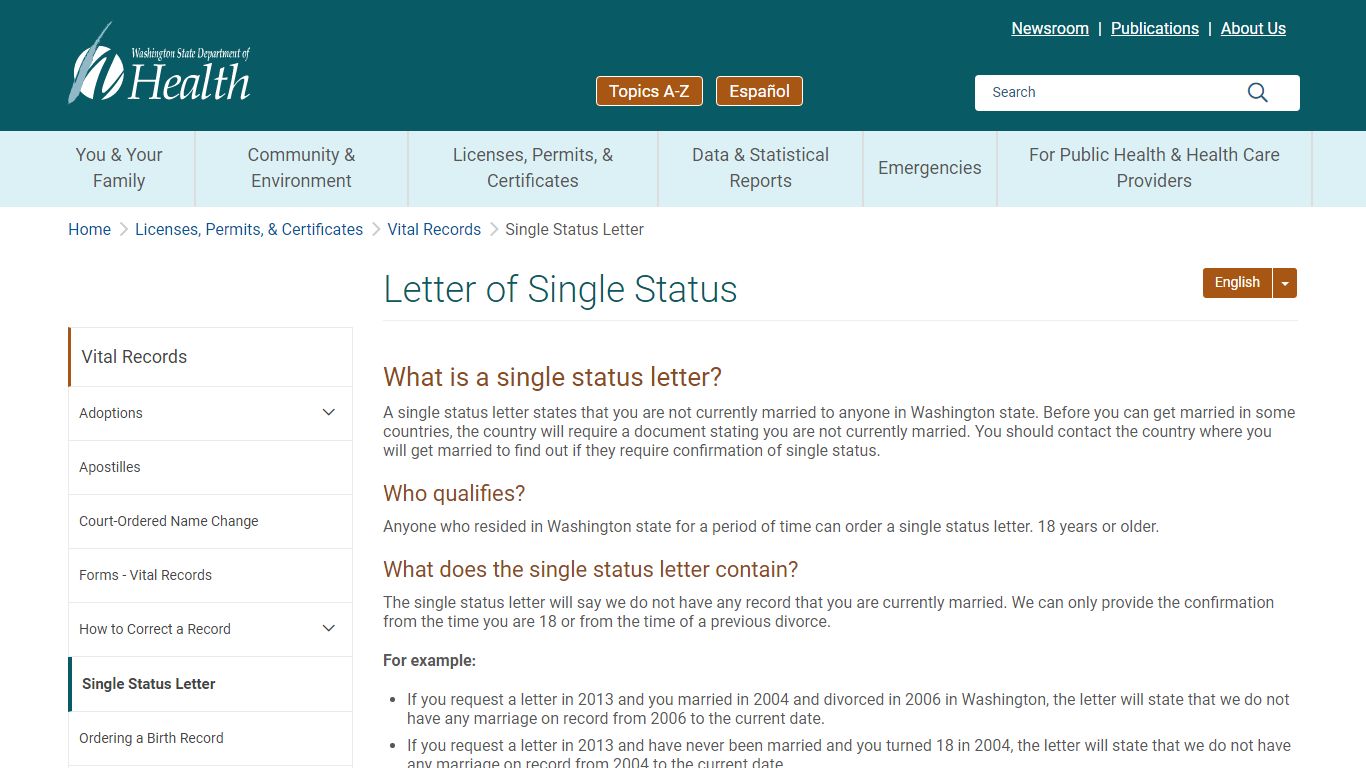 Letter of Single Status | Washington State Department of Health