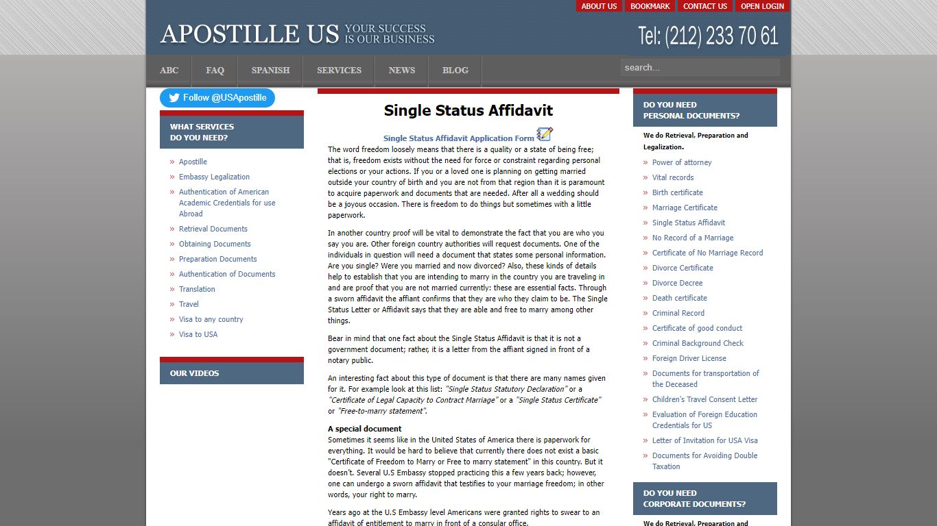 single status affidavit - Apostille